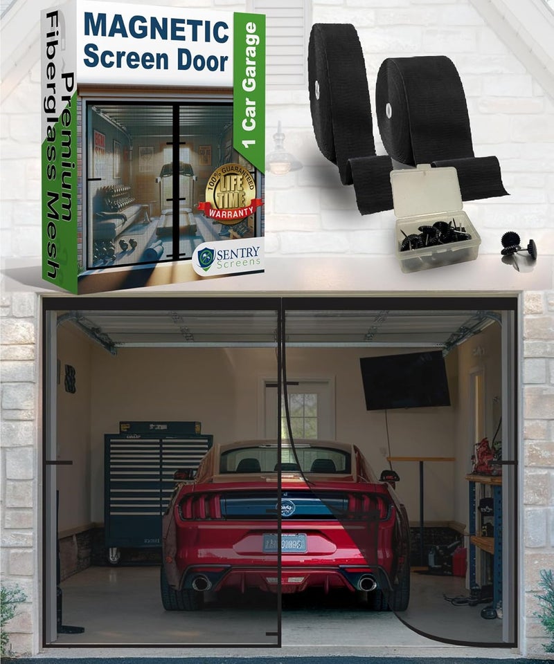 Sentry Screens Magnetic Garage Door Screen 1 Car – 7’h x 10’w Ultra-Durable 60g Fiberglass Mesh – Strong High-Energy Magnets – Weighted Bottom – Full-Frame Adhesive Tape – by - Image 1